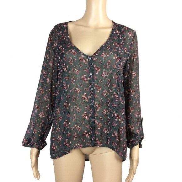 EUC floral chiffon button up blouse - Picture 1 of 4